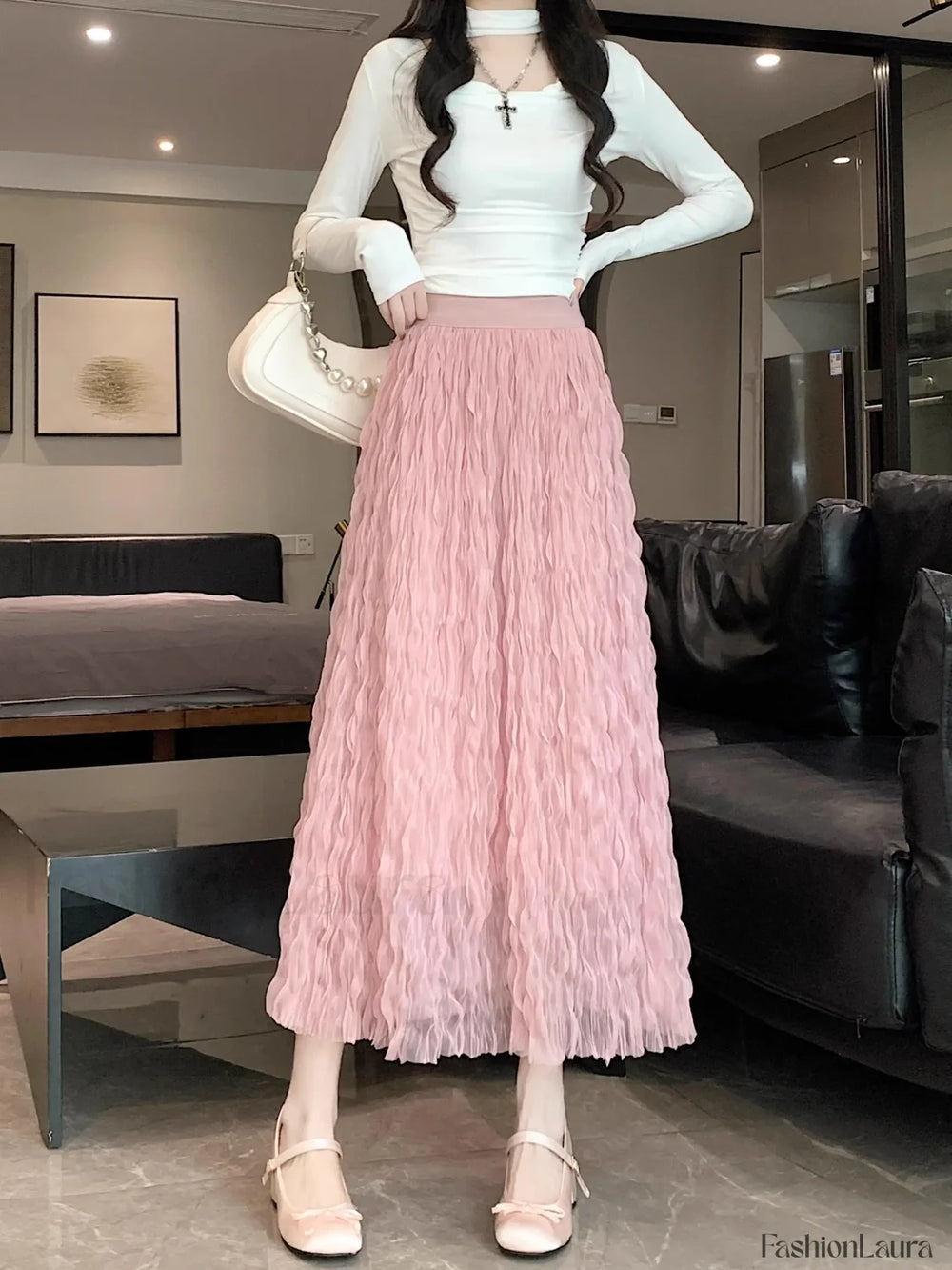 Wave Pleated High Waist Solid Fashion Skirt Pink / One Size