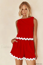 Wave Stripe Patchwork O Neck Tops Fashion Shorts Two Piece Set Red / S