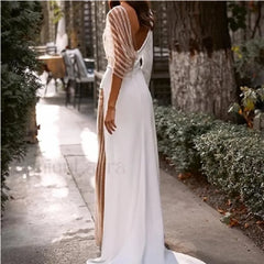 Wedding Attire Long Sleeve Tulle V neck Back Slit Sexy Wedding Evening Prom Dress