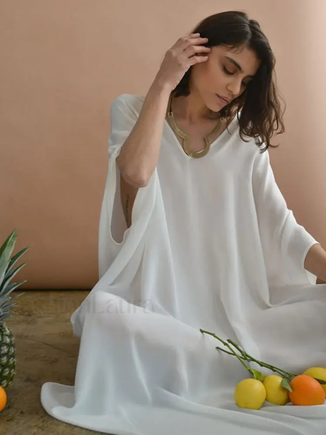 White 3/4 Sleeve V Neck Cover Up WHITE / One Size Main image