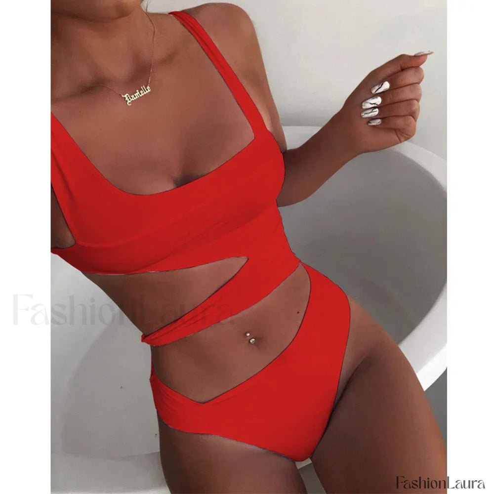 White Cut Out Push Up One Piece red swimsuit / S