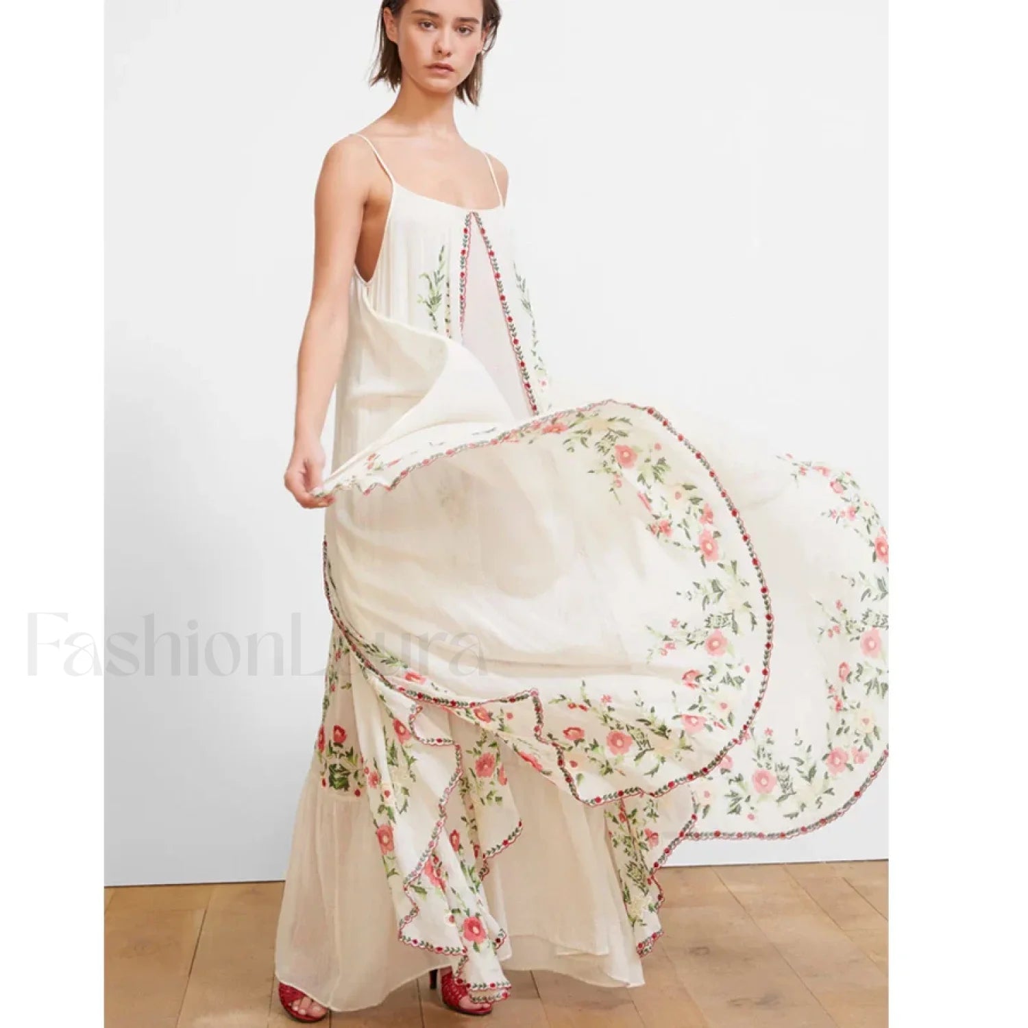 White Floral Embroidered Boho Dress Main image