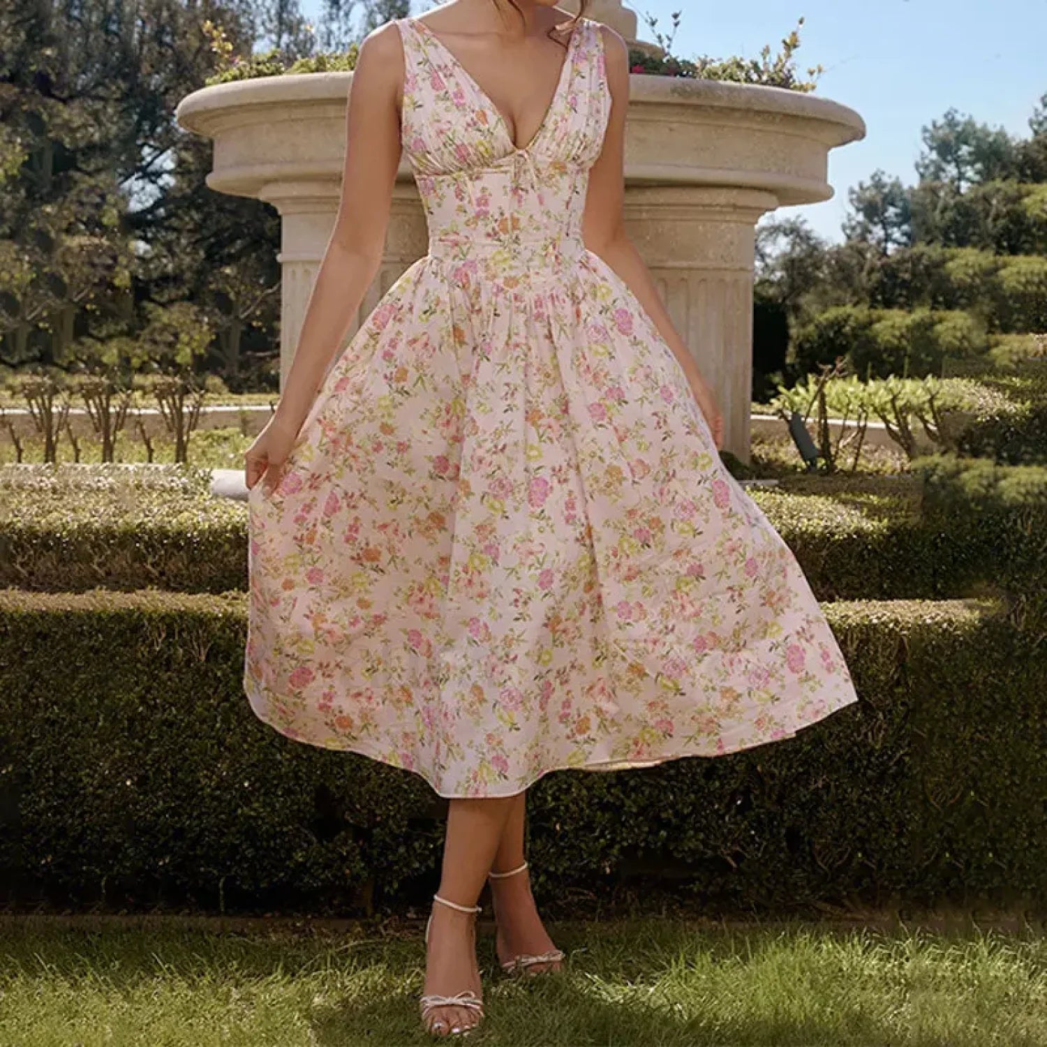 White Floral V-Neck Midi Dress Secondary image