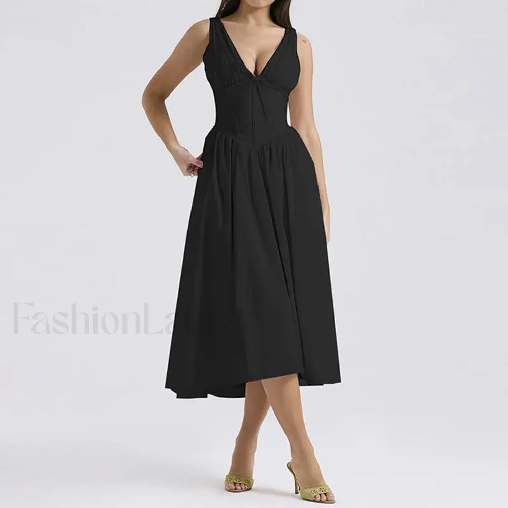 White Floral V Neck Midi Dress Black / S