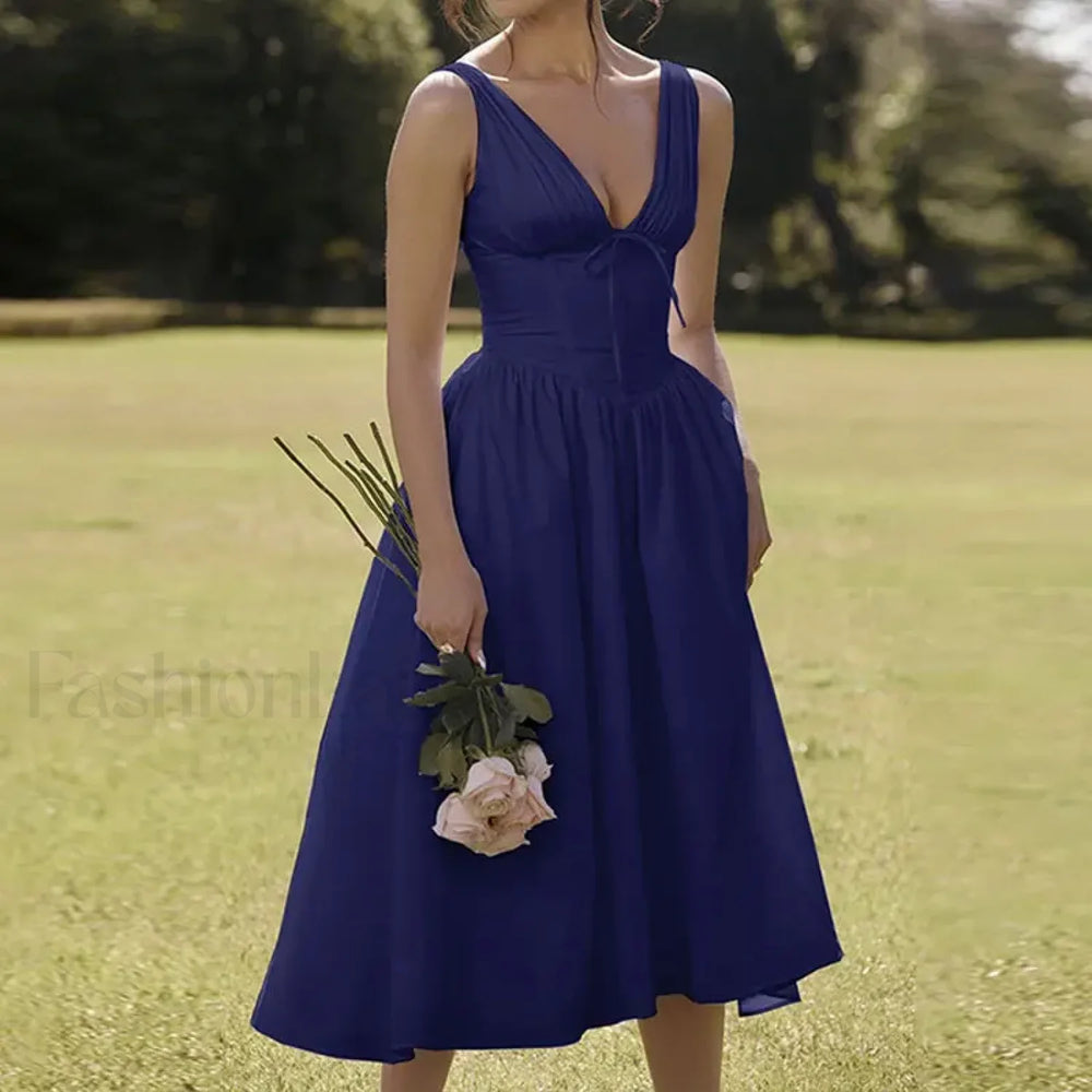 White Floral V Neck Midi Dress Blue / S