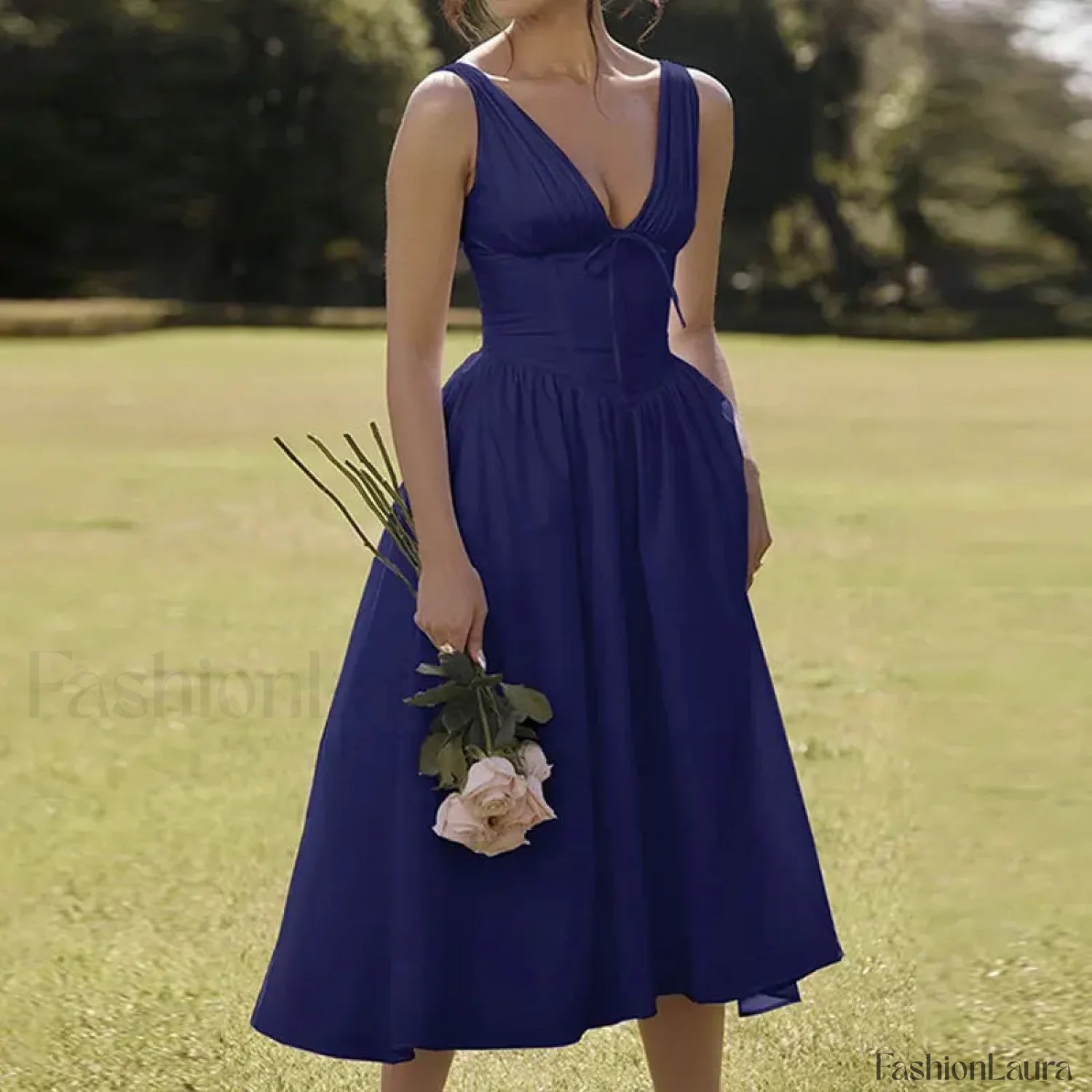 White Floral V Neck Midi Dress Blue / S