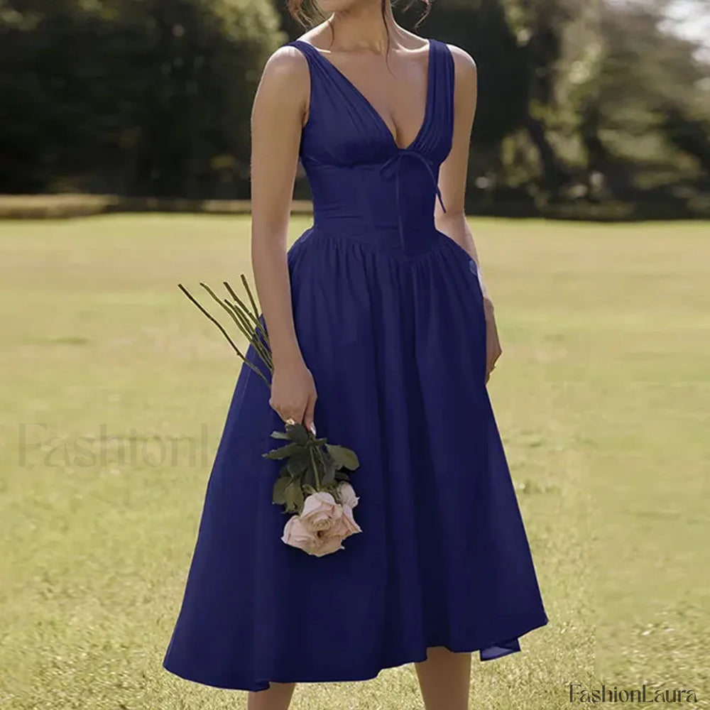 White Floral V Neck Midi Dress Blue / S