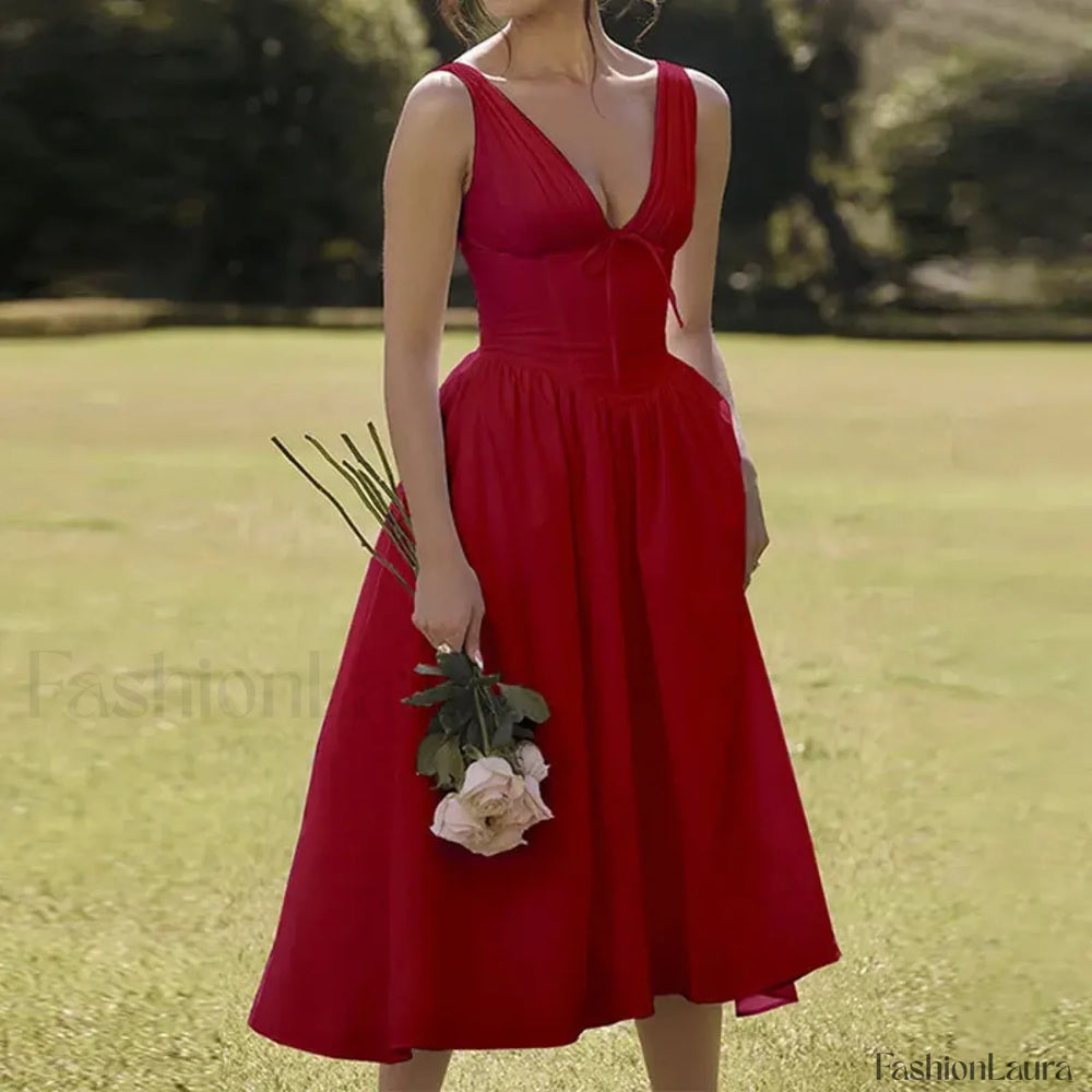 White Floral V Neck Midi Dress Red / S