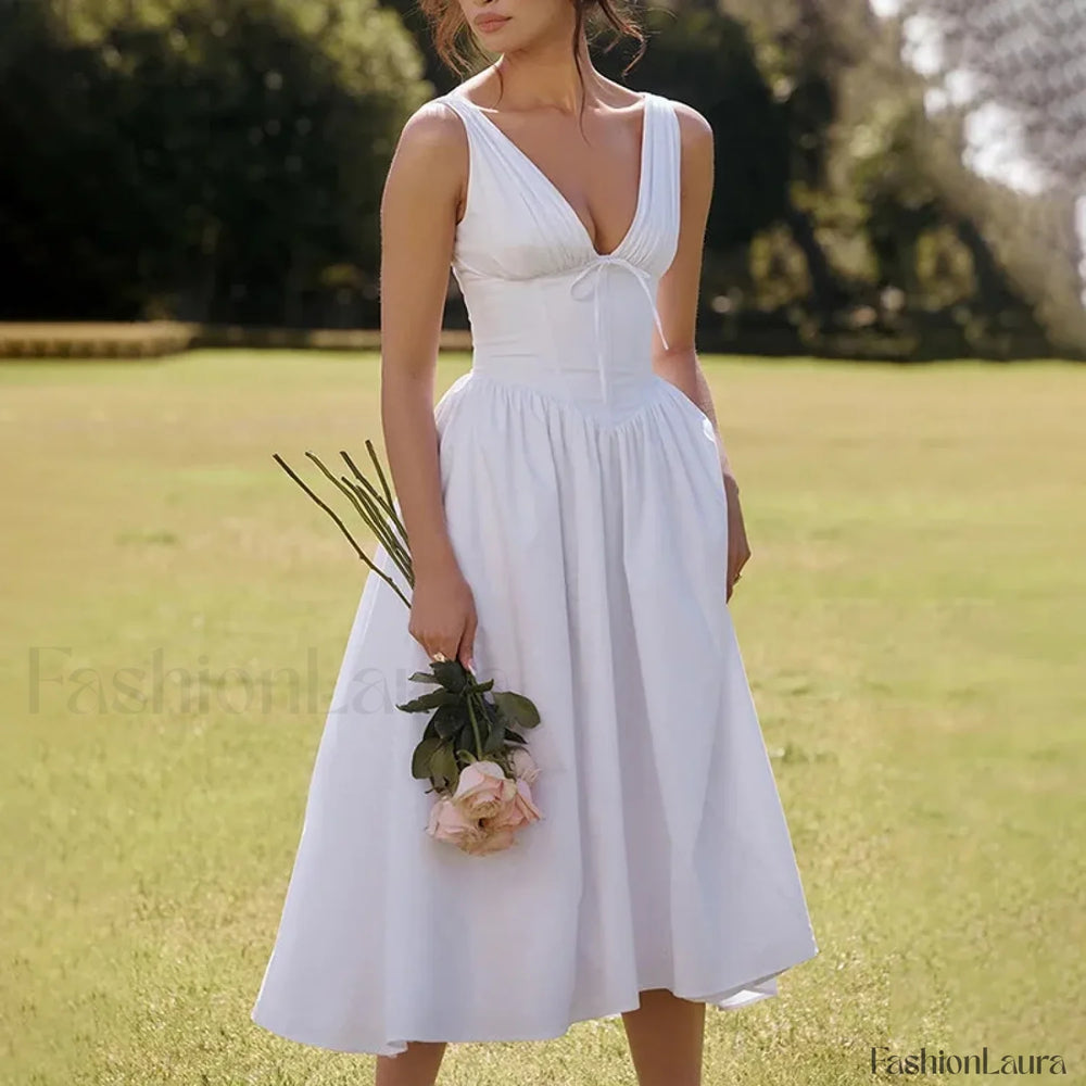 White Floral V Neck Midi Dress WHITE / S