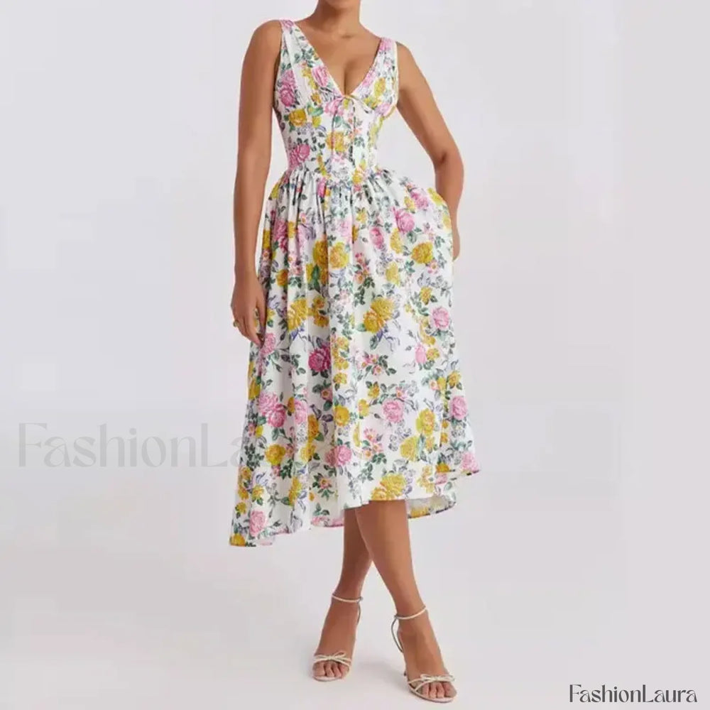 White Floral V Neck Midi Dress Yellow / S
