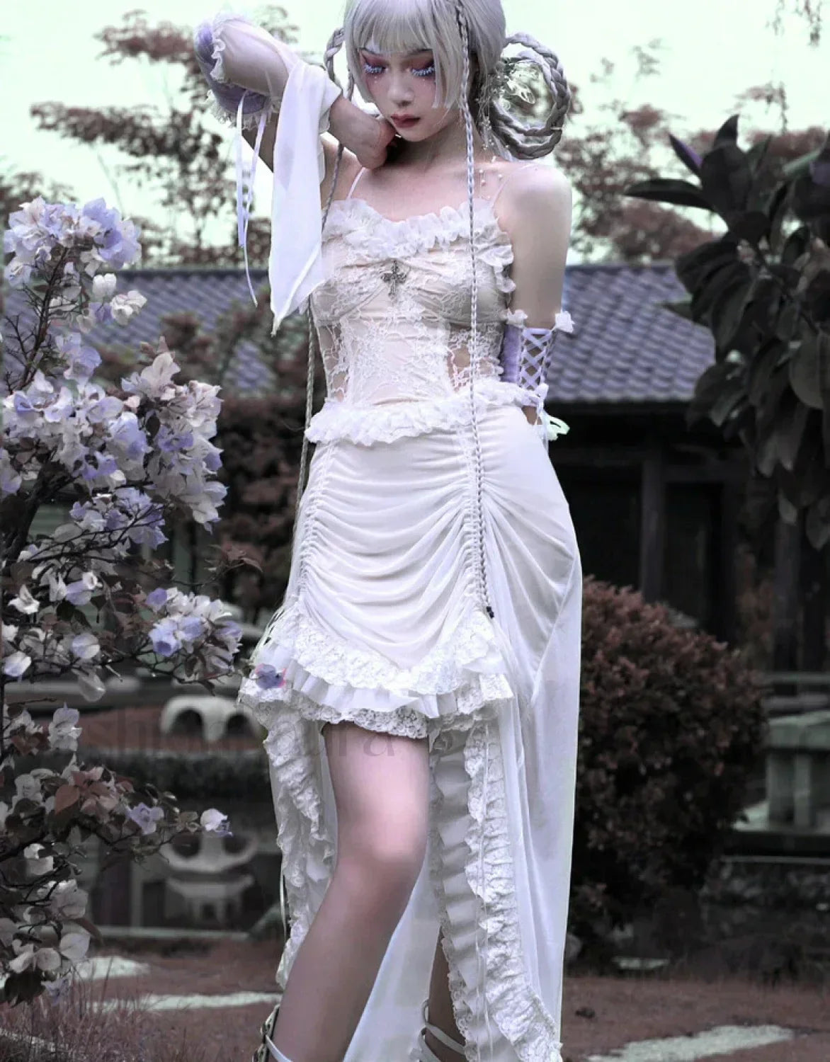 White Gothic Rope Lace Flying Sleeve Stiletto Strap Asymmetric Light Lolita Summer Party Evening Main image