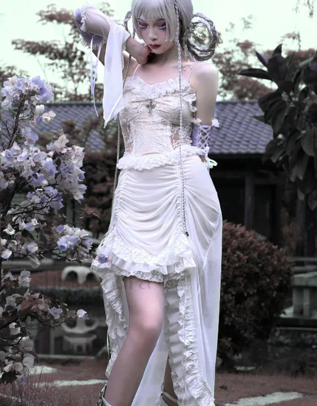 White Gothic Rope Lace Flying Sleeve Stiletto Strap Asymmetric Light Lolita Summer Party Evening Main image