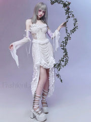 White Gothic Rope Lace Flying Sleeve Stiletto Strap Asymmetric Light Lolita Summer Party Evening