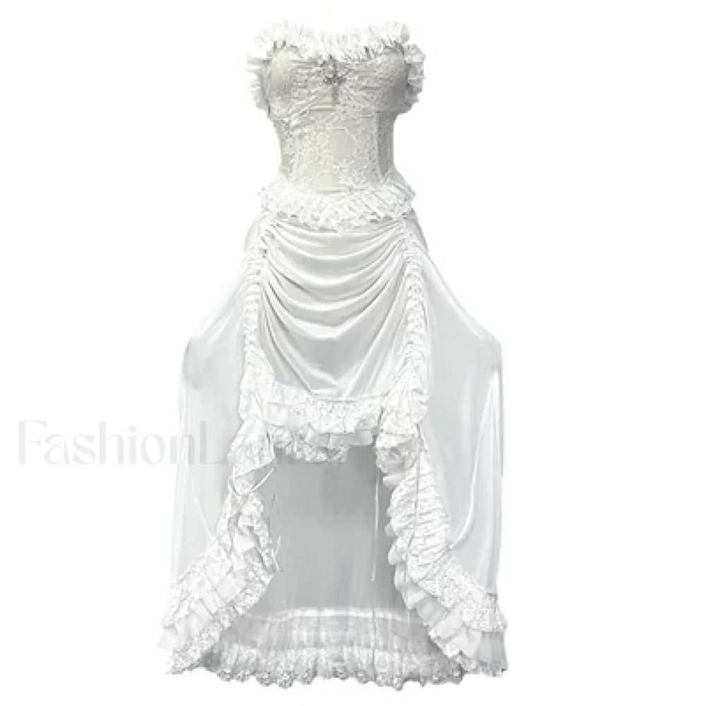 White Gothic Rope Lace Flying Sleeve Stiletto Strap Asymmetric Light Lolita Summer Party Evening white no sleeve / S