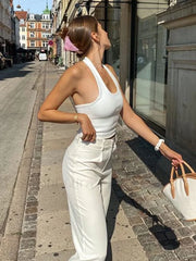 White Halter Backless Ribbed Knit Crop Top