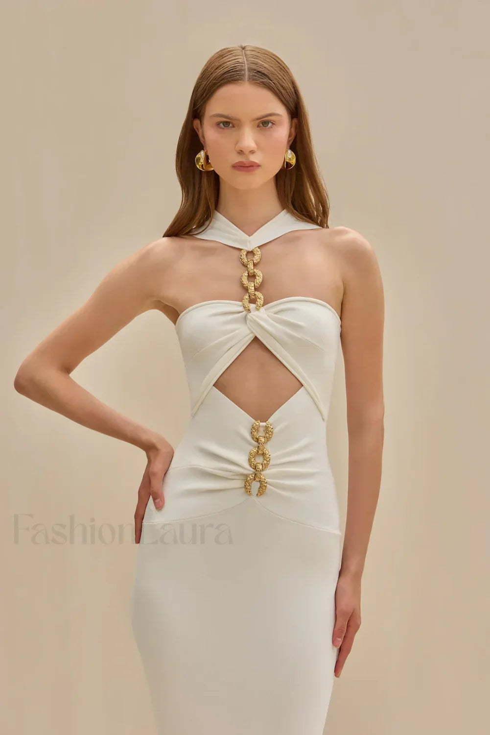White Halter Bandage Midi Dress Beige / S Main image