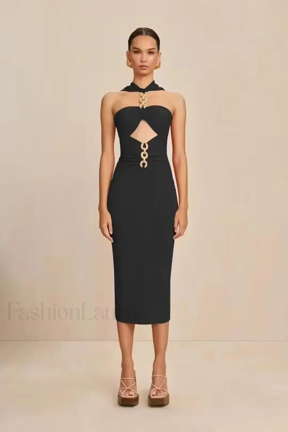 White Halter Bandage Midi Dress Black / S