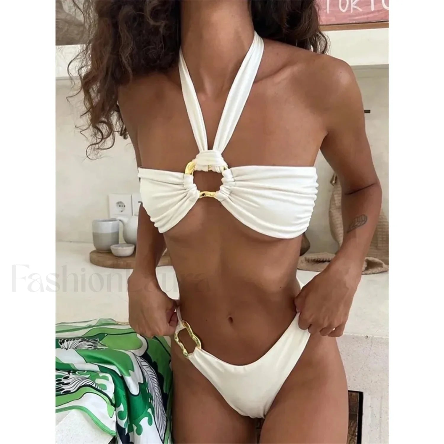 White Halter Low Waist Bikini Set Secondary image