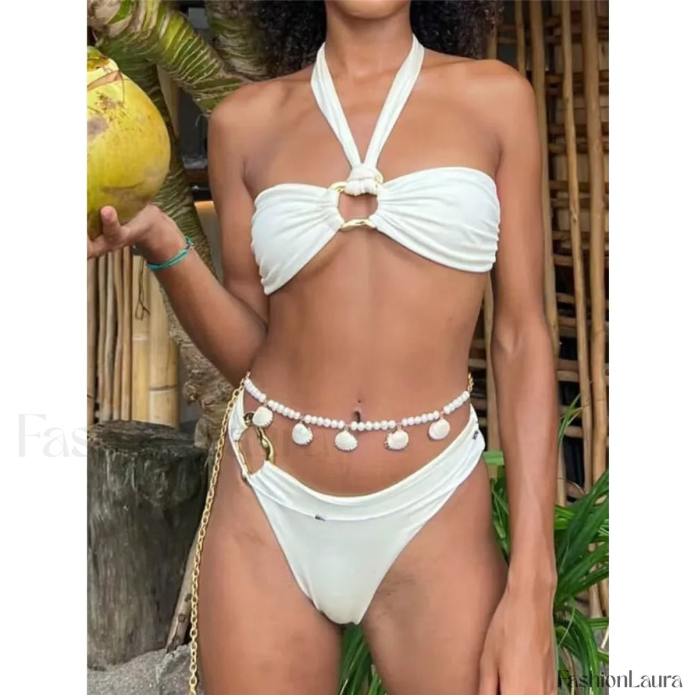 White Halter Low Waist Bikini Set WHITE / S