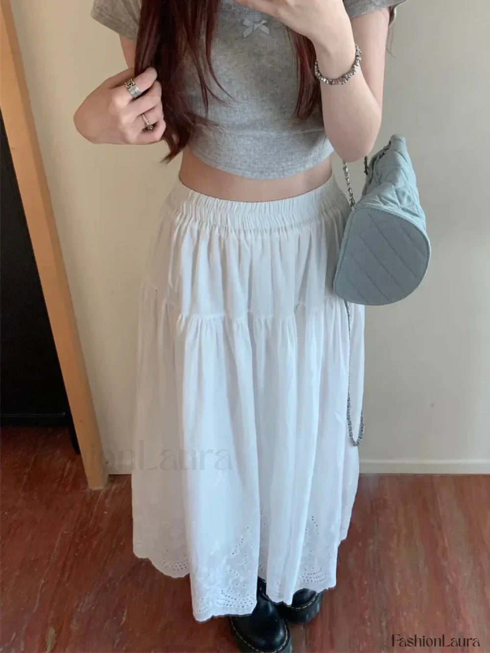 White Hollow out Embroidered Vintage Swing Long Skirt WHITE / One Size