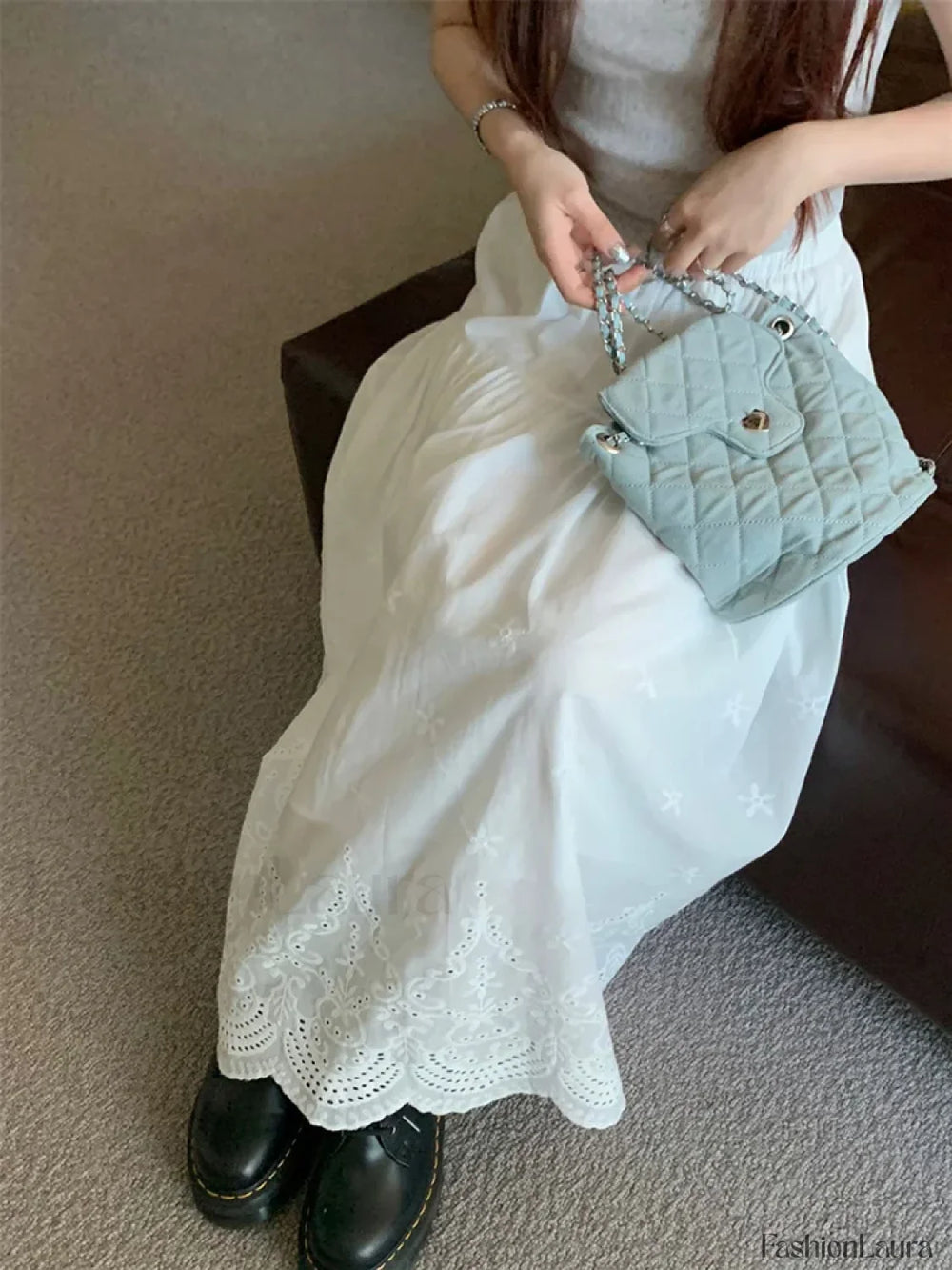 White Hollow out Embroidered Vintage Swing Long Skirt WHITE / One Size