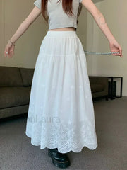 White Hollow out Embroidered Vintage Swing Long Skirt WHITE / One Size