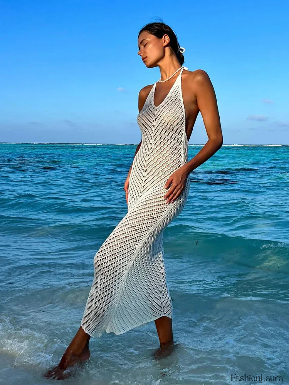 White Knitted See through V Neck Backless Cover ups