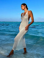 White Knitted See through V Neck Backless Cover ups