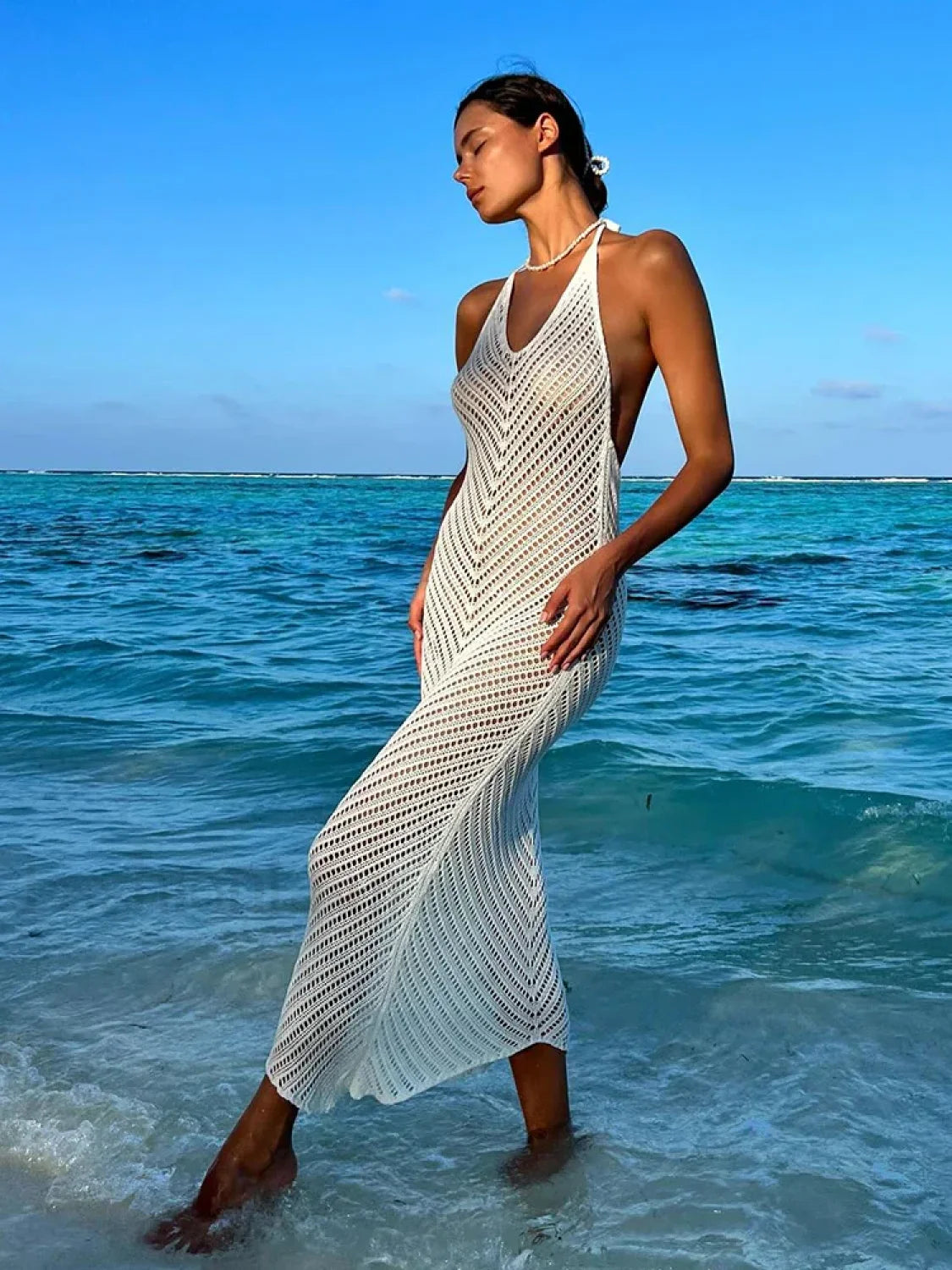 White Knitted See through V Neck Backless Cover ups
