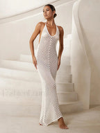 White Knitted See through V Neck Backless Cover ups