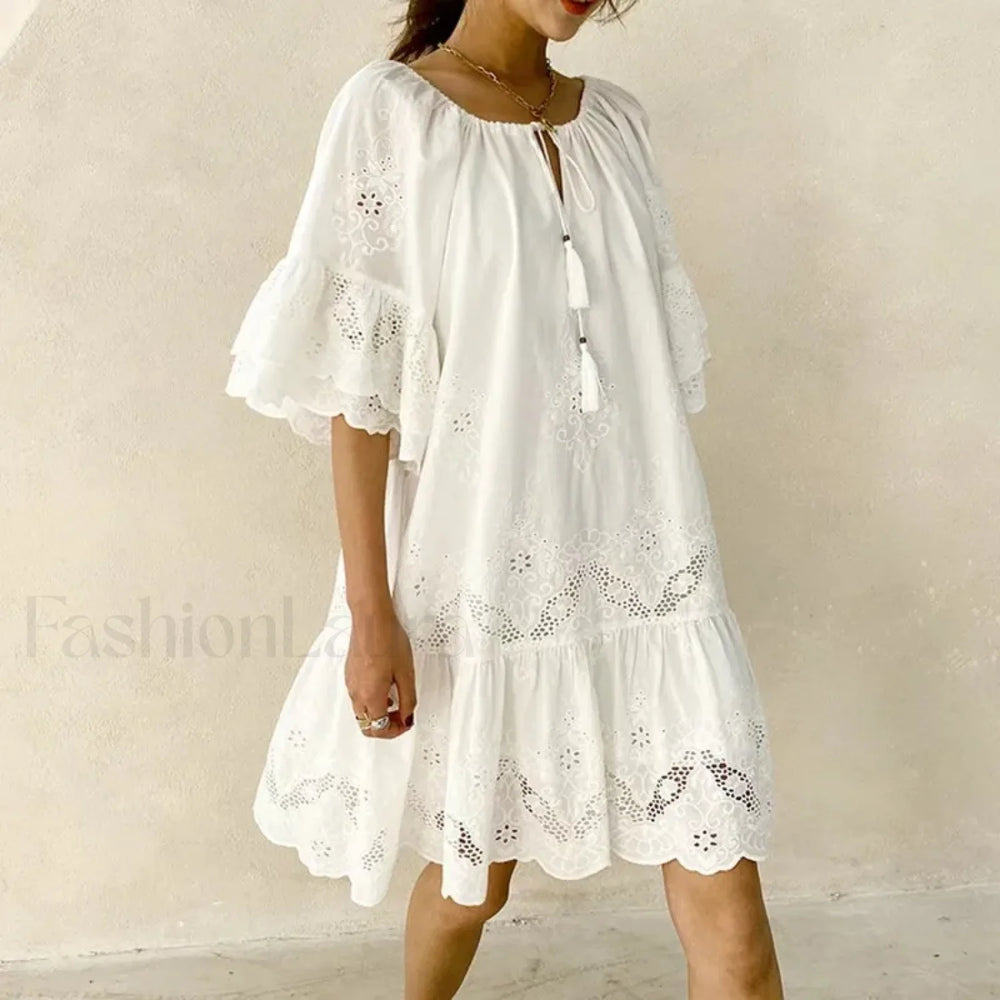 White Lace Pullover Boho Dress