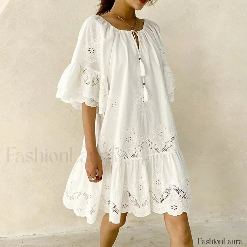 White Lace Pullover Boho Dress White / S