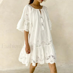 White Lace Pullover Boho Dress White / S