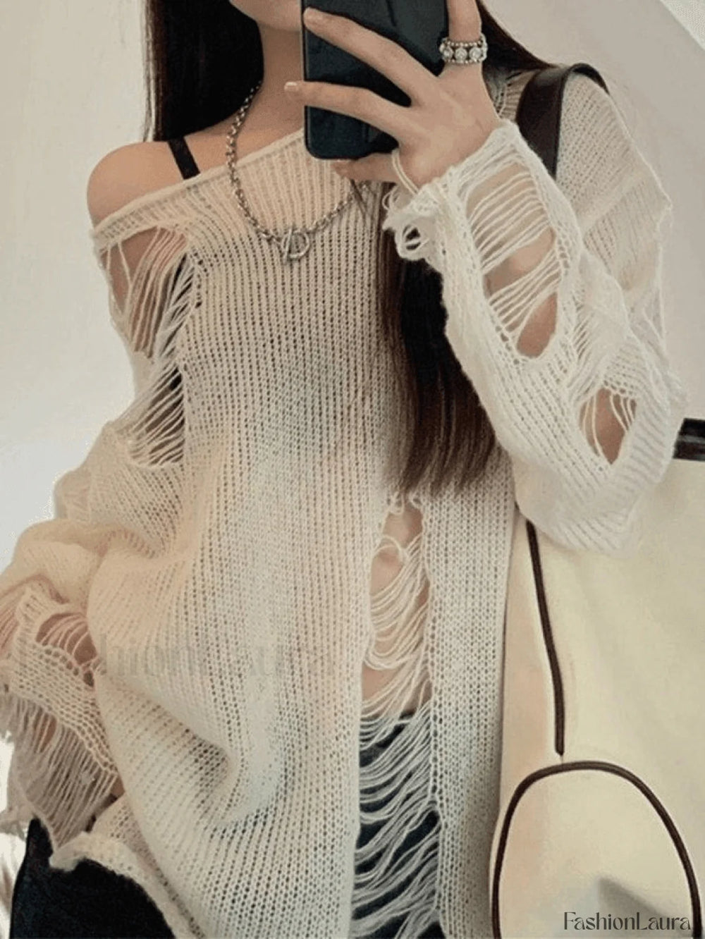 White Long Sleeve Distressed Knit Top White / ONE SIZE Sweaters