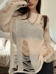 White Long Sleeve Distressed Knit Top White / ONE SIZE Sweaters