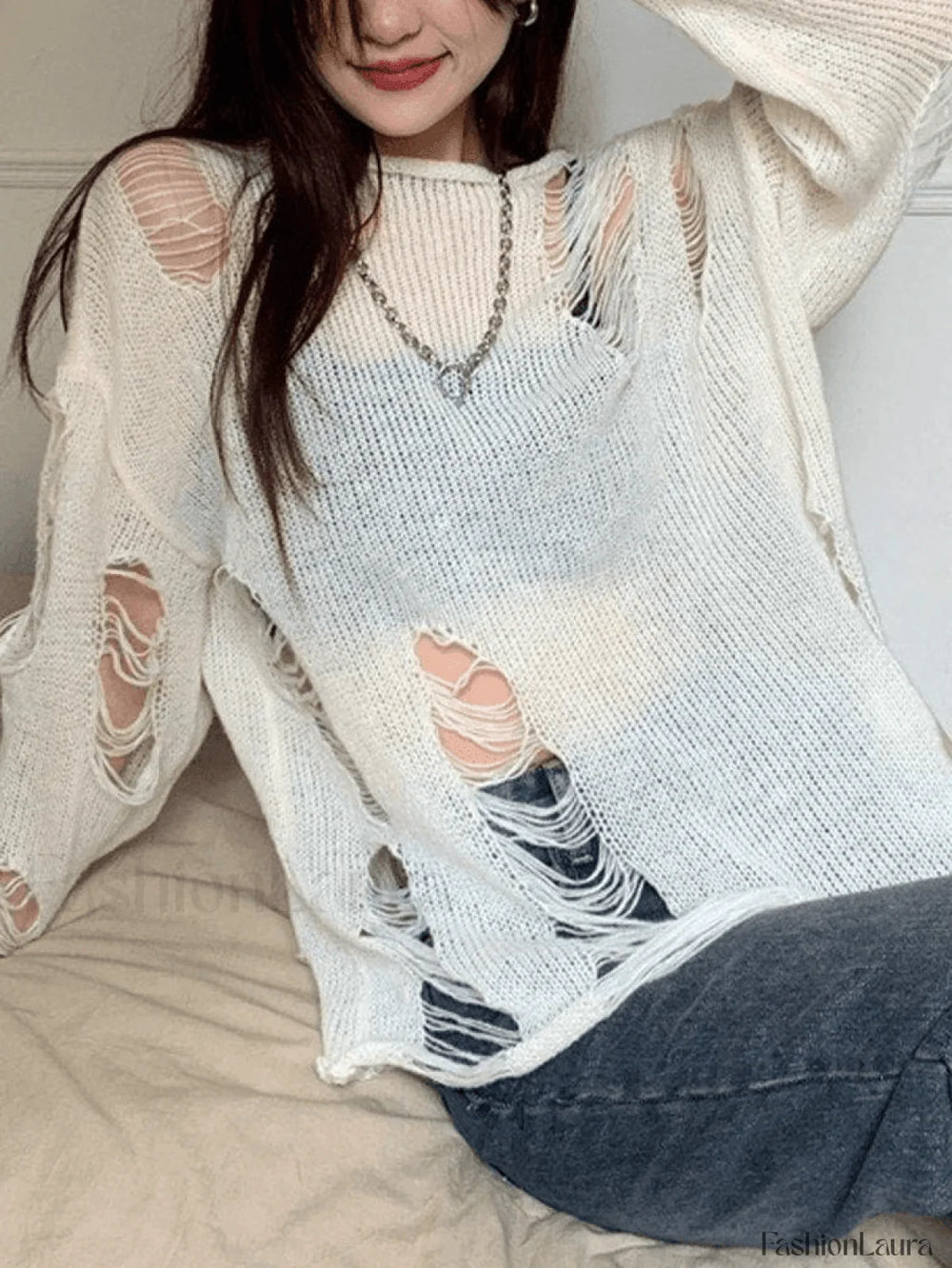 White Long Sleeve Distressed Knit Top White / ONE SIZE Sweaters