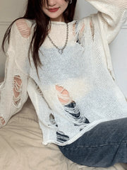 White Long Sleeve Distressed Knit Top White / ONE SIZE Sweaters