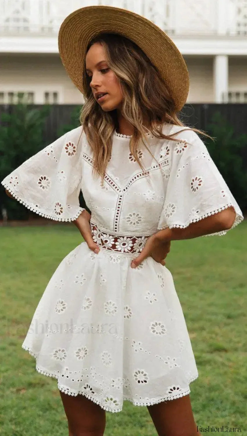 White Open Back Boho Dress WHITE / S