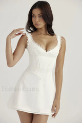 White Pin Stylish Pleated Mini Dress