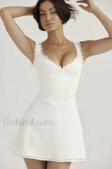 White Pin Stylish Pleated Mini Dress