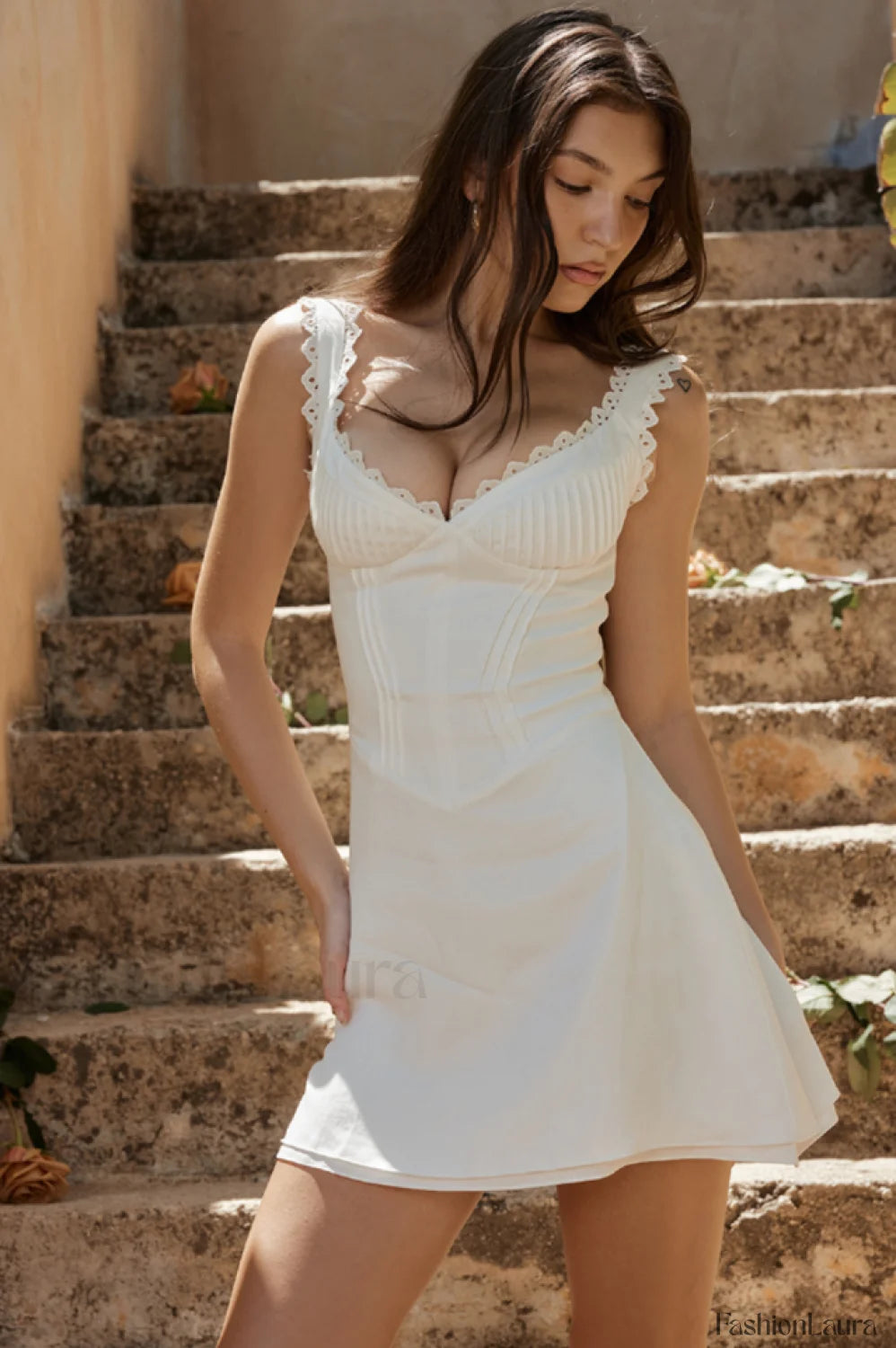 White Pin Stylish Pleated Mini Dress XS / White