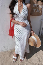 White Polka Dot Halter V-Neck Maxi Dress
