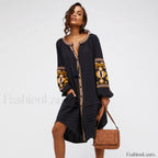 White Puff Sleeve Boho Dress Black / S