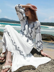 White Retro V Neck Boho Dress