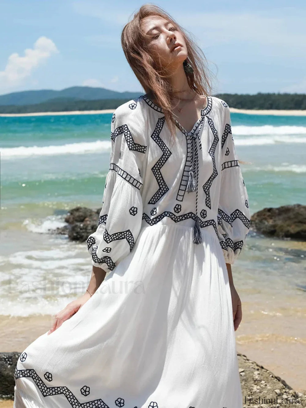 White Retro V Neck Boho Dress