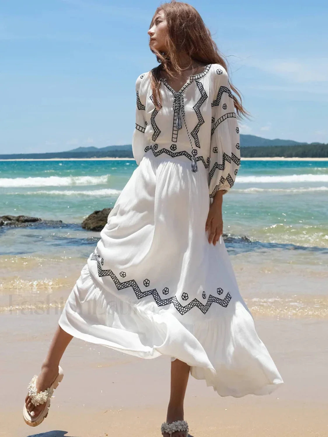 White Retro V Neck Boho Dress WHITE / S Main image