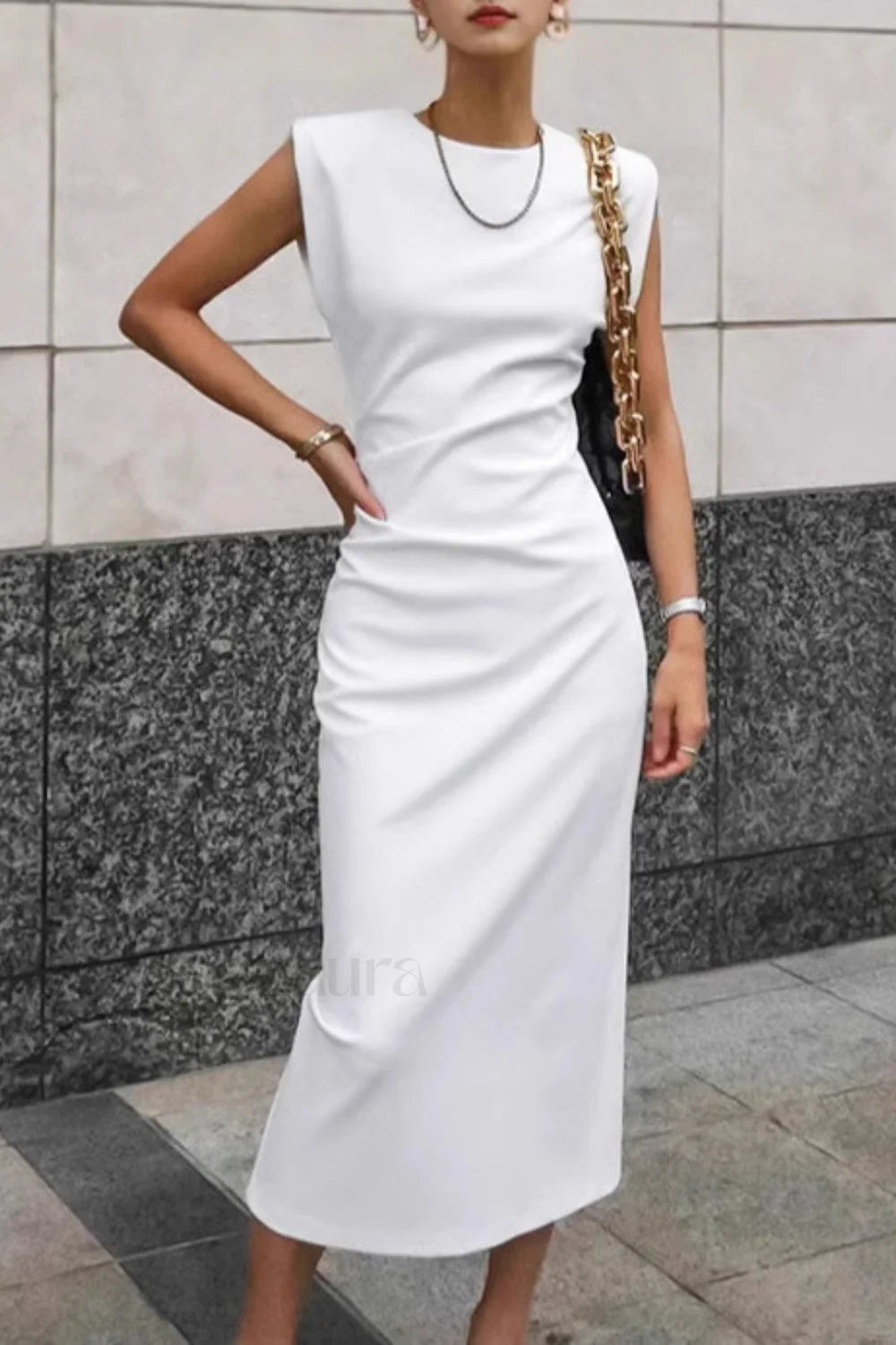 White Round Neck Split Bodycon Work Dress White / S Main image