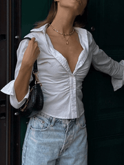 White Ruched Cropped Long Sleeve Blouse White / S Tops&Tees