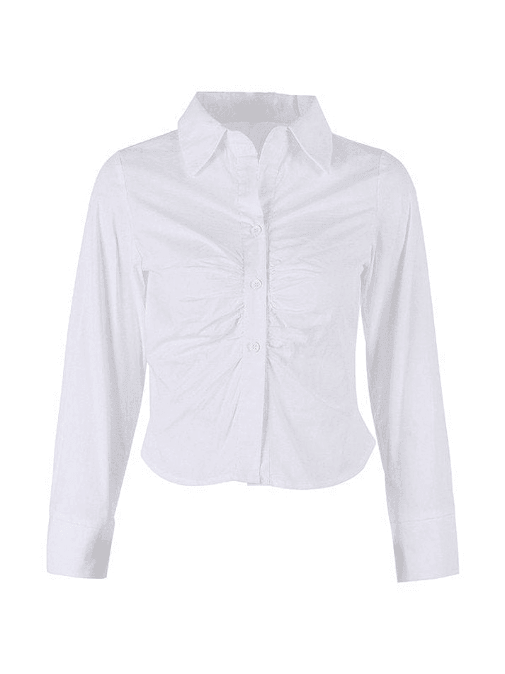 White Ruched Cropped Long Sleeve Blouse Tops&Tees