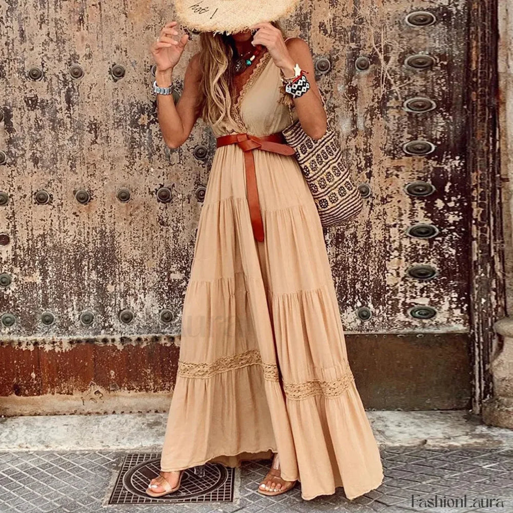 White Ruffled Cotton Boho Dress Khaki / S